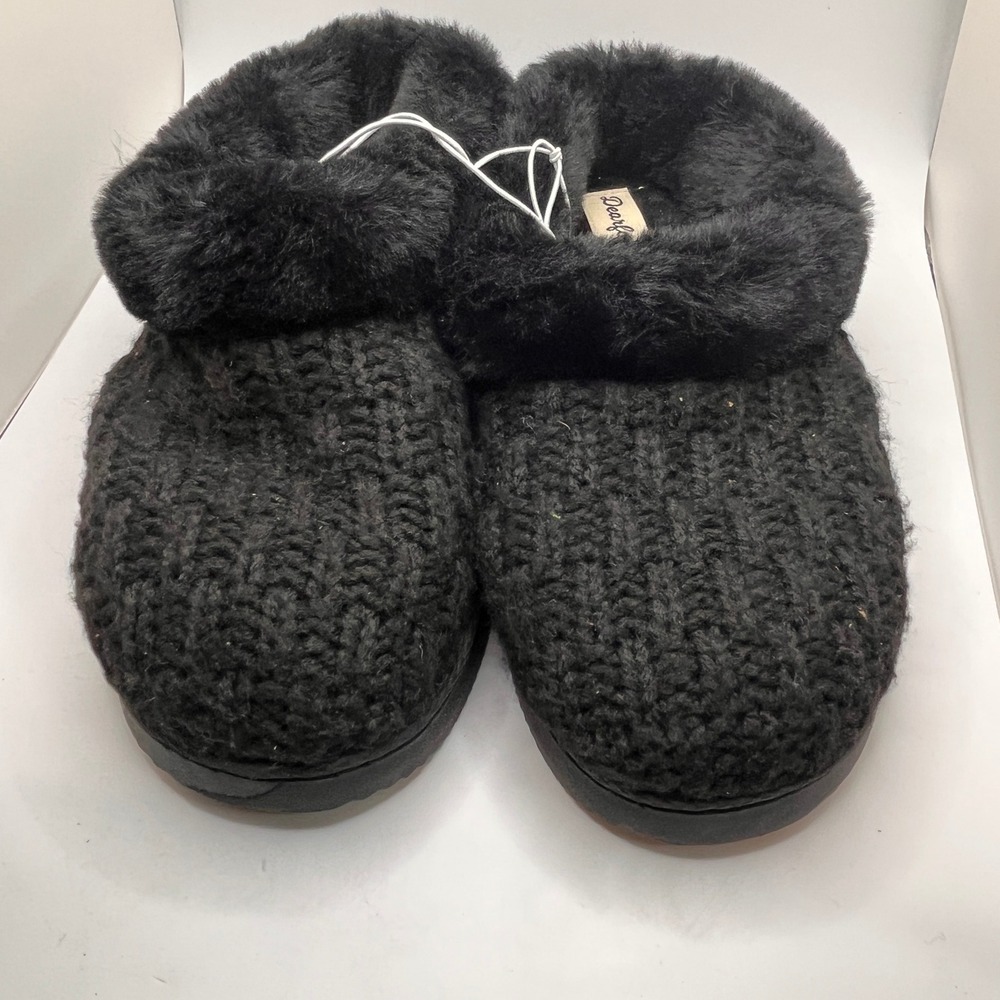 Dearfoams Black Cable Knit Faux Fur Trim Platform Slippers Womens Small 5-6 BNWT